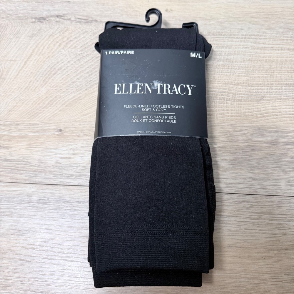 Ellen Tracy Fleece Lined Footless Tights Women M/L Black Soft Cozy Leggings New